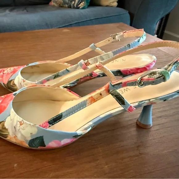 Nine West Floral Pointed Toe Slingbacks - Blue and Pink - Picture 2 of 3